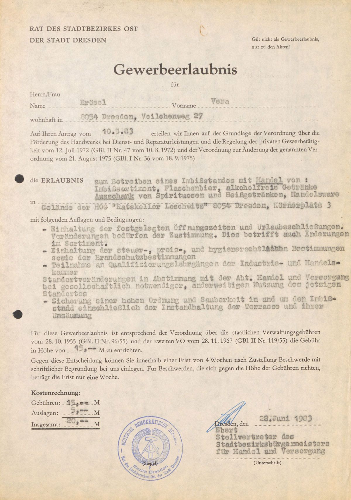 Foto: Stadtarchiv Dresden - Gewerbeerlaubnis von früher