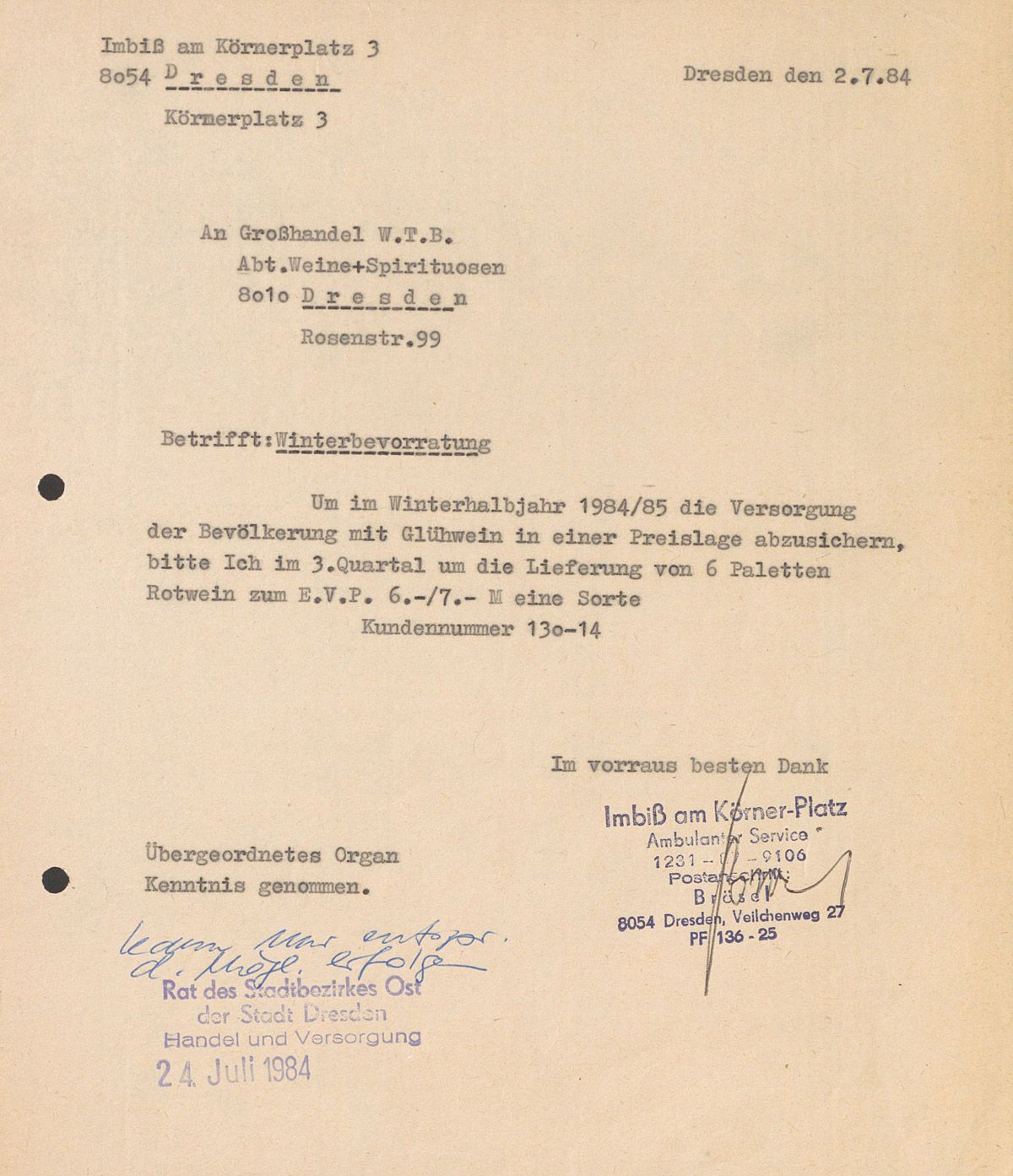 Foto: Stadtarchiv Dresden - Bescheinigung der Winterbevorratung